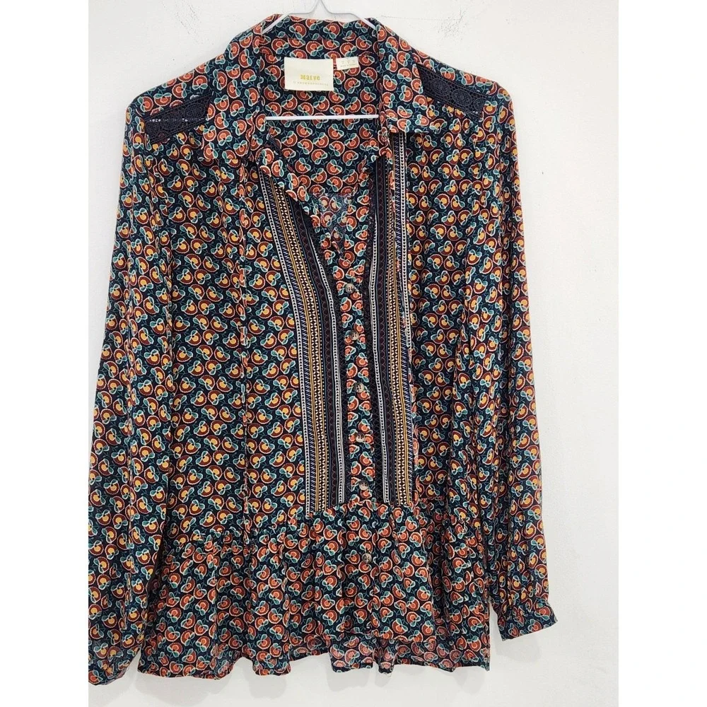 Maeve Anthropologie Floral Geometric Peplum Blouse Navy Orange Lace Trim Size 2